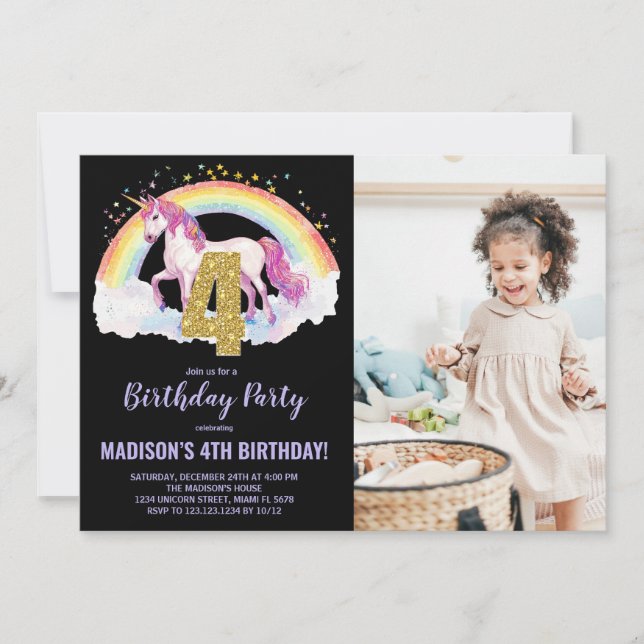 4th Rainbow Unicorn Birthday Invitations photo (Front)