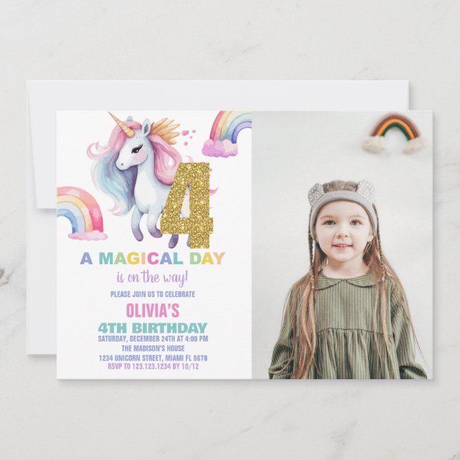 4th Rainbow Unicorn Birthday Invitations w photo (Front)