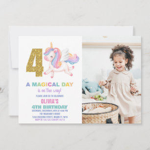 4th Rainbow Unicorn Birthday Invitations w photo