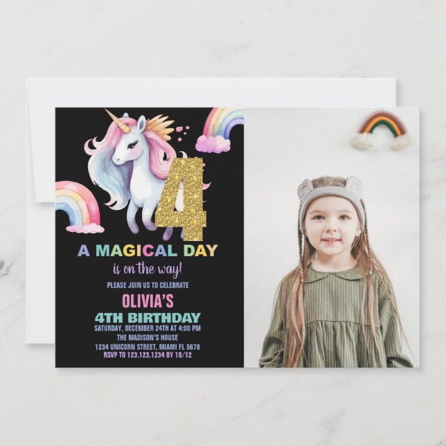 4th Rainbow Unicorn Birthday Invitations w photo (Front)