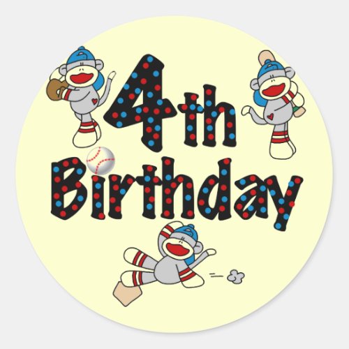 4th Sock Monkey Baseball Birthday Classic Round Sticker