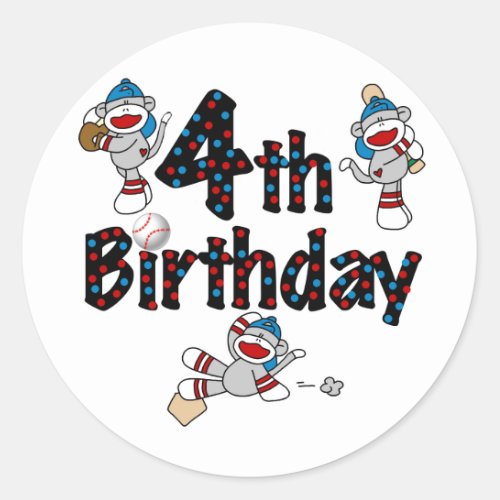 4th Sock Monkey Baseball Birthday Classic Round Sticker