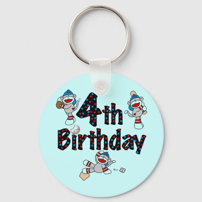 4th Sock Monkey Baseball Birthday Keychain (Front)