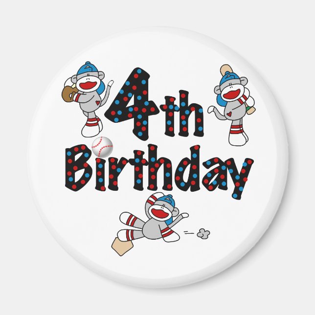 4th Sock Monkey Baseball Birthday Magnet (Front)