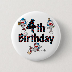 4th Sock Monkey Baseball Birthday Pinback Button