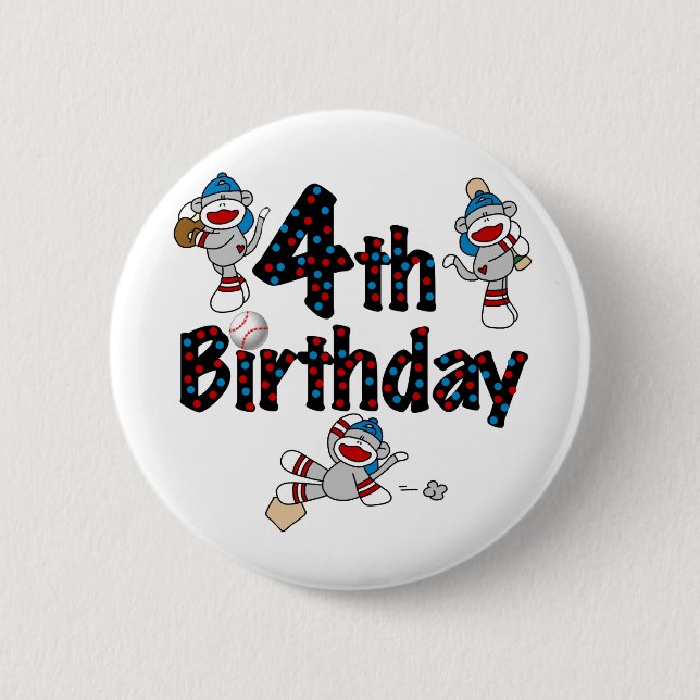 4th Sock Monkey Baseball Birthday Pinback Button (Front)