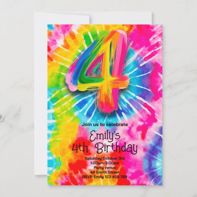 4th Tie Dye Birthday Invitation (Front)