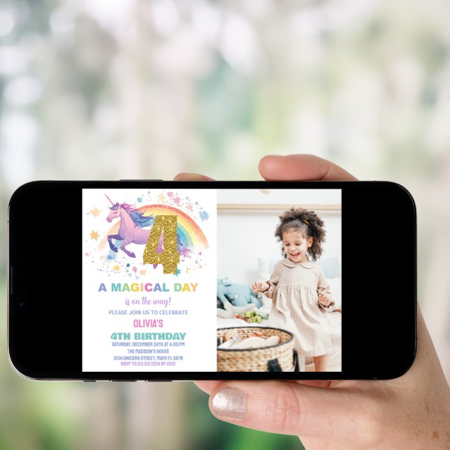 4th Unicorn Birthday Invitations with photo (Front Digital)