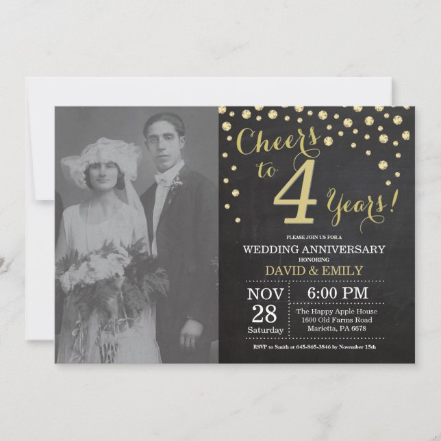4th Wedding Anniversary Chalkboard Black and Gold Invitation (Front)