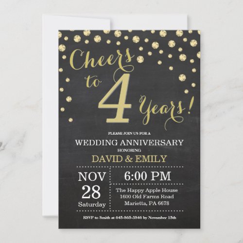 4th Wedding Anniversary Chalkboard Black and Gold Invitation