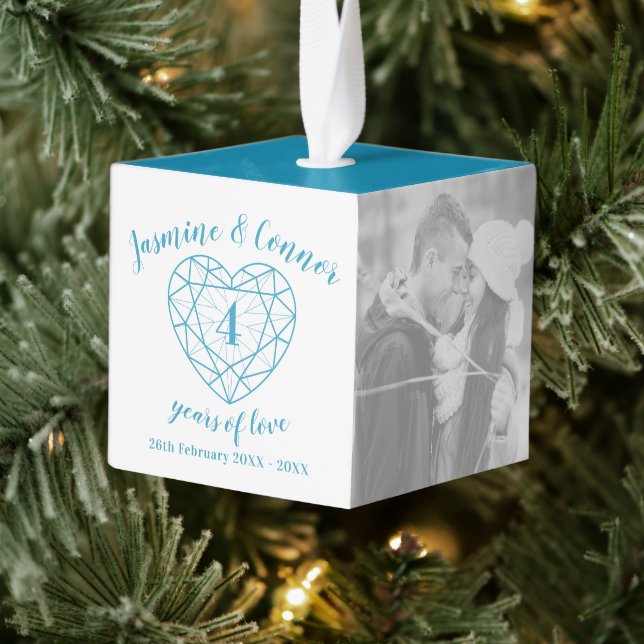 4th Wedding Anniversary custom photo topaz Cube Ornament (Tree)