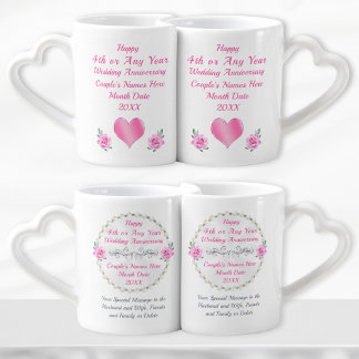 4th Wedding Anniversary Gift for Couple, Wife,  Coffee Mug Set