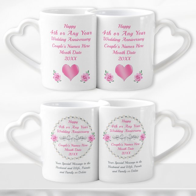4th Wedding Anniversary Gift for Couple, Wife,  Coffee Mug Set (4 year anniversary theme is Flower. Unique 4th anniversary gift ideas. 4th anniversary gifts. )