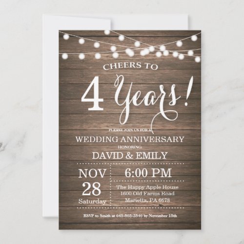 4th Wedding Anniversary Invitation Rustic Wood