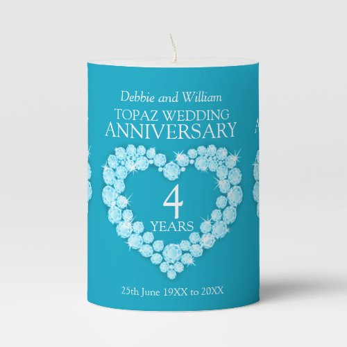 4th wedding anniversary topaz blue custom name pillar candle