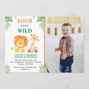 4th Wild Safari Jungle Lion Fourth Birthday Party Invitation