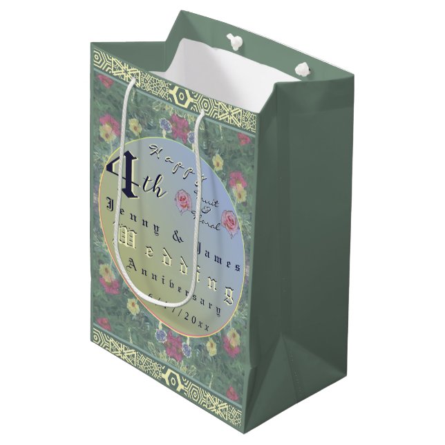 4th Year Wedding Anniversary Green&Blue Flower Medium Gift Bag (Front Angled)