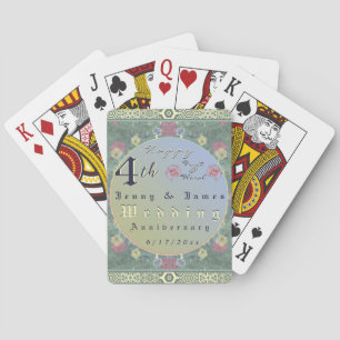 4th Year Wedding Anniversary Green&Blue Flower Poker Cards
