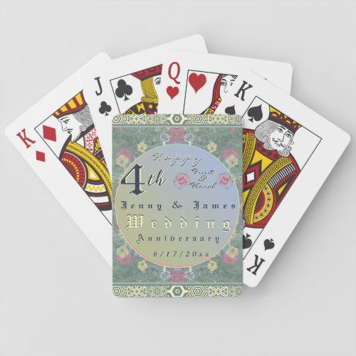 4th Year Wedding Anniversary GreenBlue Flower Poker Cards