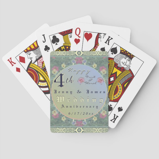 4th Year Wedding Anniversary Green&Blue Flower Poker Cards (Back)