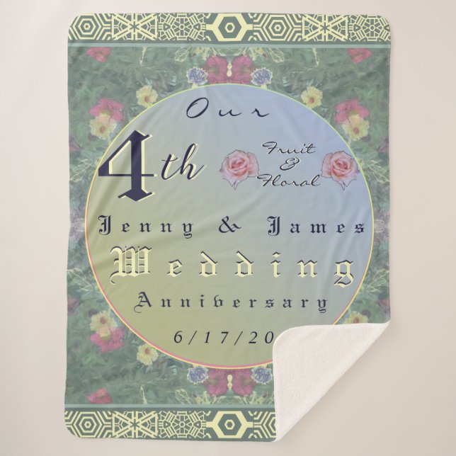 4th Year Wedding Anniversary Green&Blue Flower Sherpa Blanket (Front)