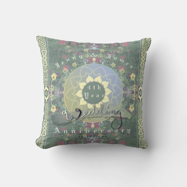 4th Year Wedding Anniversary Green&Blue Flower Throw Pillow (Front)