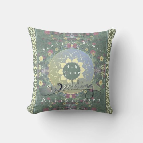 4th Year Wedding Anniversary GreenBlue Flower Throw Pillow