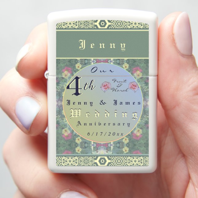 4th Year Wedding Anniversary Green&Blue Flower Zippo Lighter (In Hand)