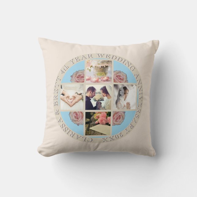 4th Yr. Wedding Anniversary Linen&Topaz 5 Photos Throw Pillow (Front)