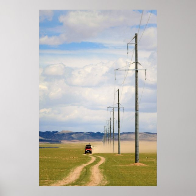 4X4 Vehicles On Dirt Road, Gobi Desert Poster (Front)