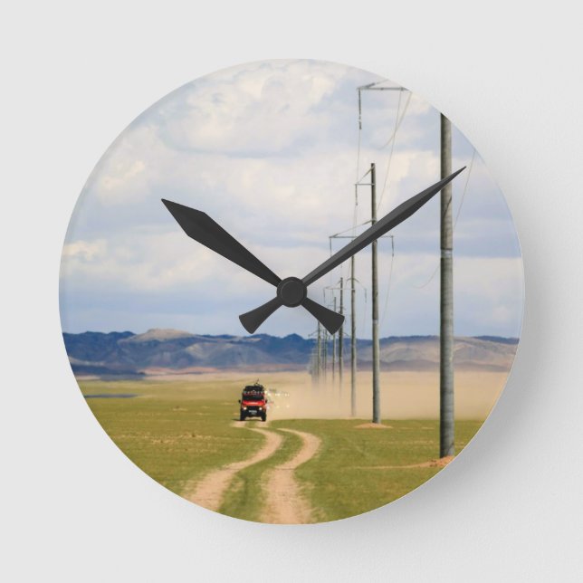 4X4 Vehicles On Dirt Road, Gobi Desert Round Clock (Front)