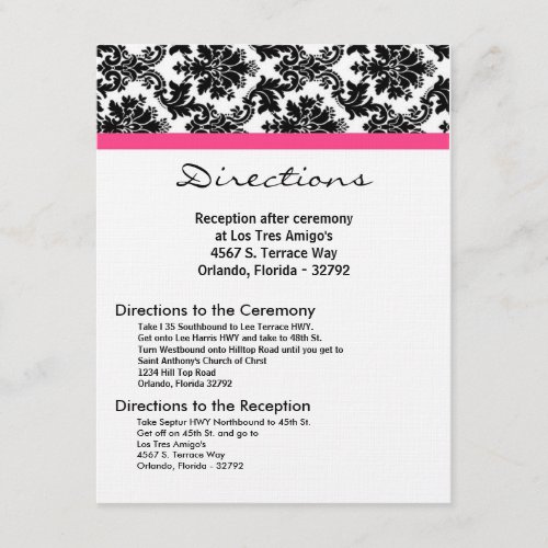 4x5 Directions Card Black Damask Hot Pink Receptio