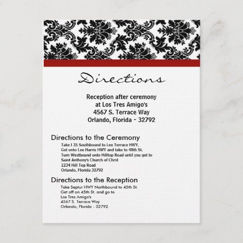 4x5 Directions Card Black Damask Red Reception