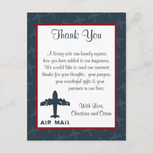 4x5 FLAT Thank You Card Airplane Flight  Blue/Red