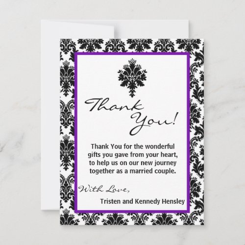 4x5 FLAT Thank You Card Black Purple Damask Lace