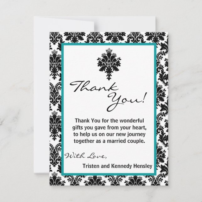 4x5 FLAT Thank You Card Black Teal Damask Lace (Front)