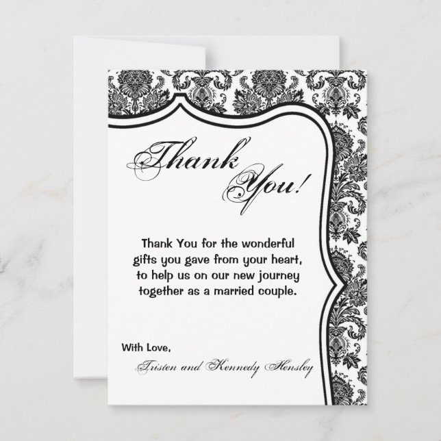4x5 FLAT Thank You Card Black White Damask Lace Pr (Front)