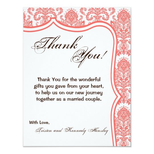 4x5 FLAT Thank You Card Coral White Damask Lace