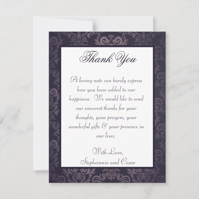 4x5 FLAT Thank You Card Deep Purple Damask (Front)