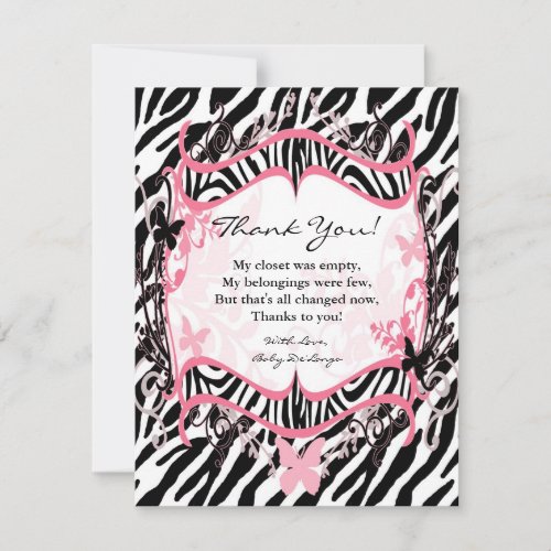 4x5 FLAT Thank you Card Girl Butterfly Zebra Print