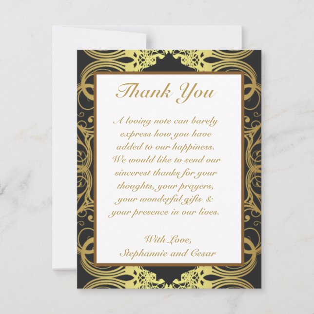 4x5 FLAT Thank You Card Gold and Black Damask (Front)