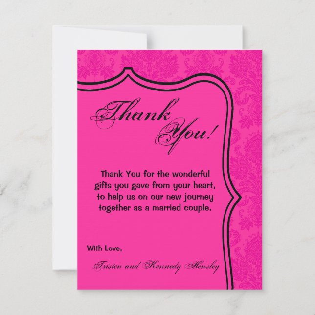 4x5 FLAT Thank You Card Hot Pink Black Damask Lace (Front)