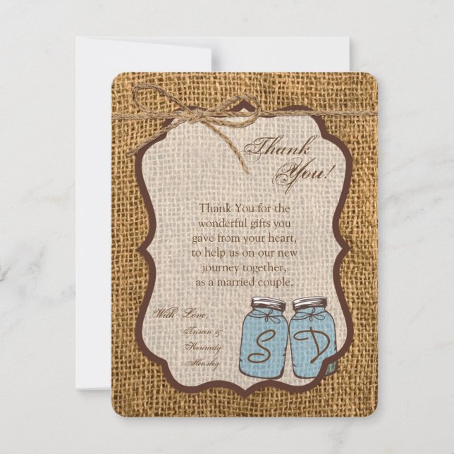4x5 FLAT Thank You Card Mason Jar Burlap Country (Front)