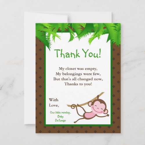 4x5 FLAT Thank you Card Monkey Swing Jungle Safari