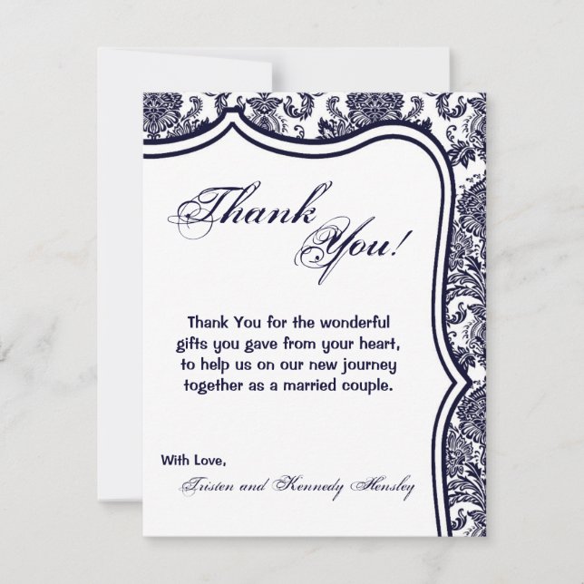 4x5 FLAT Thank You Card Navy Blue Damask Lace (Front)