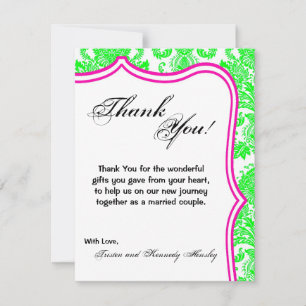 4x5 FLAT Thank You Card Neon Green Pin Damask Lace