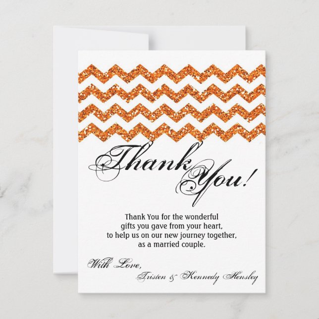 4x5 FLAT Thank You Card Orange Glitter Chevron (Front)
