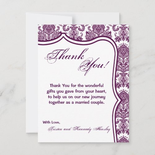 4x5 FLAT Thank You Card Plum Purple Damask Lace