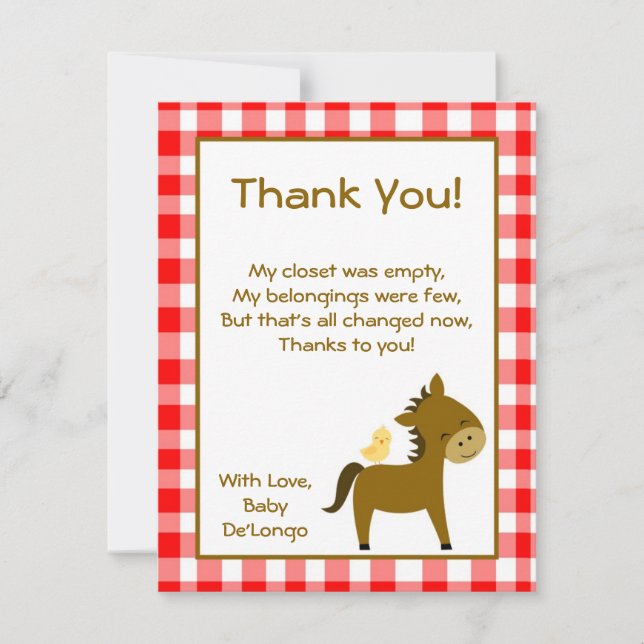 4x5 FLAT Thank You Card Red Barn Farm Animals (Front)