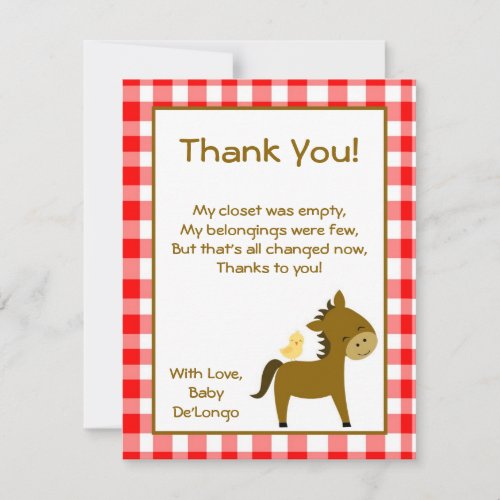 4x5 FLAT Thank You Card Red Barn Farm Animals